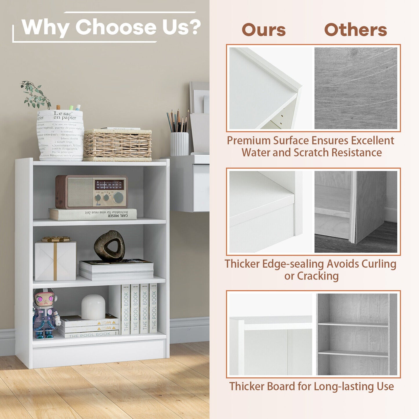 3-Tier Bookcase Open Display Rack Cabinet with Adjustable Shelves, White Bookcases at Gallery Canada