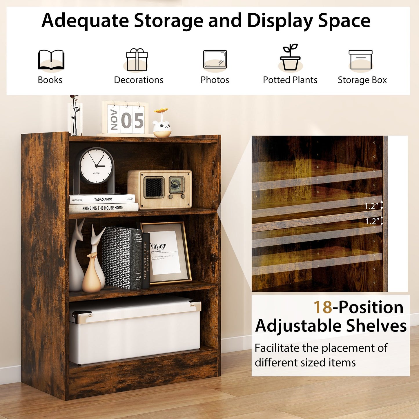 3-Tier Bookcase Open Display Rack Cabinet with Adjustable Shelves, Rustic Brown