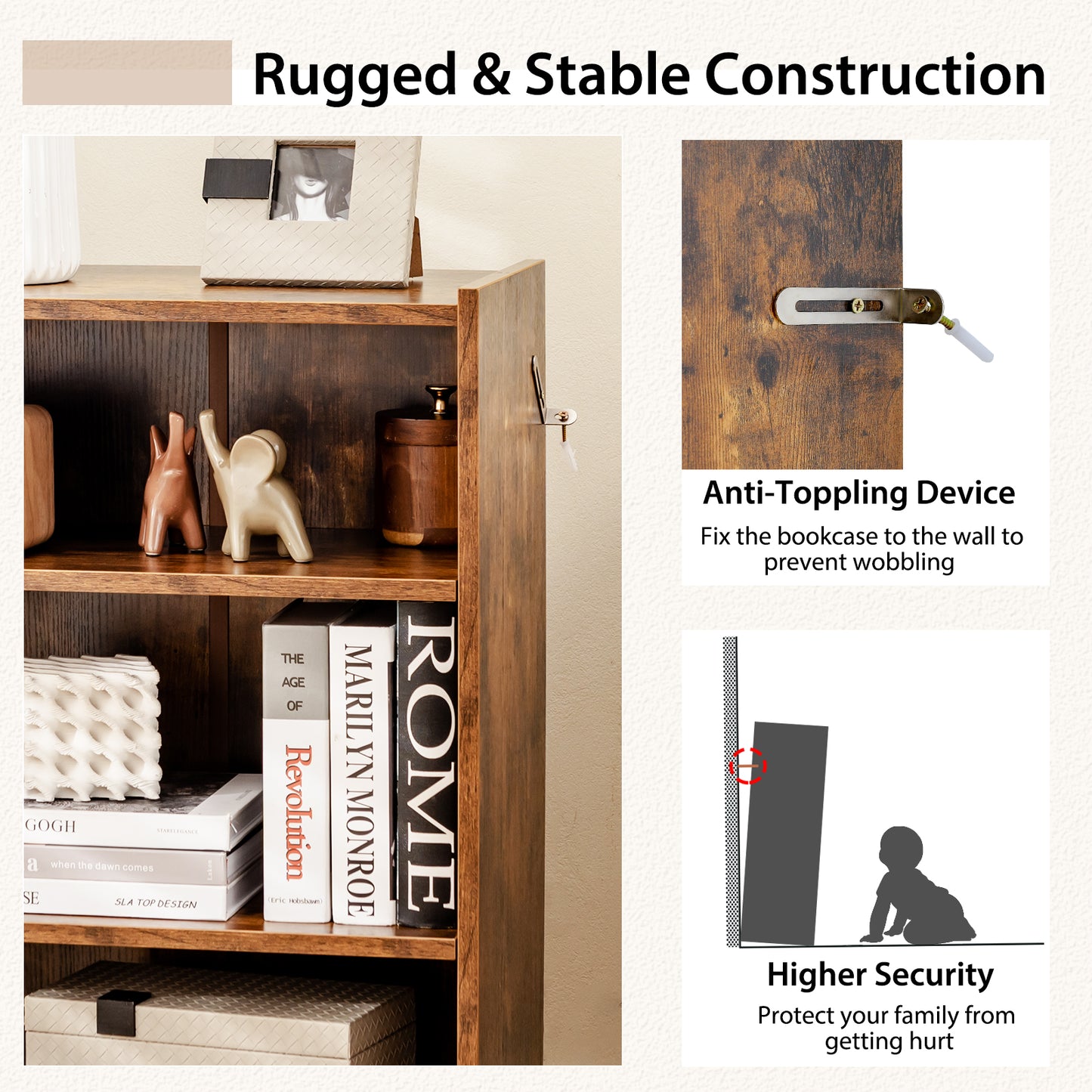 3-Tier Bookcase, Adjustable Shelves, Rustic Brown Bookcases at Gallery Canada