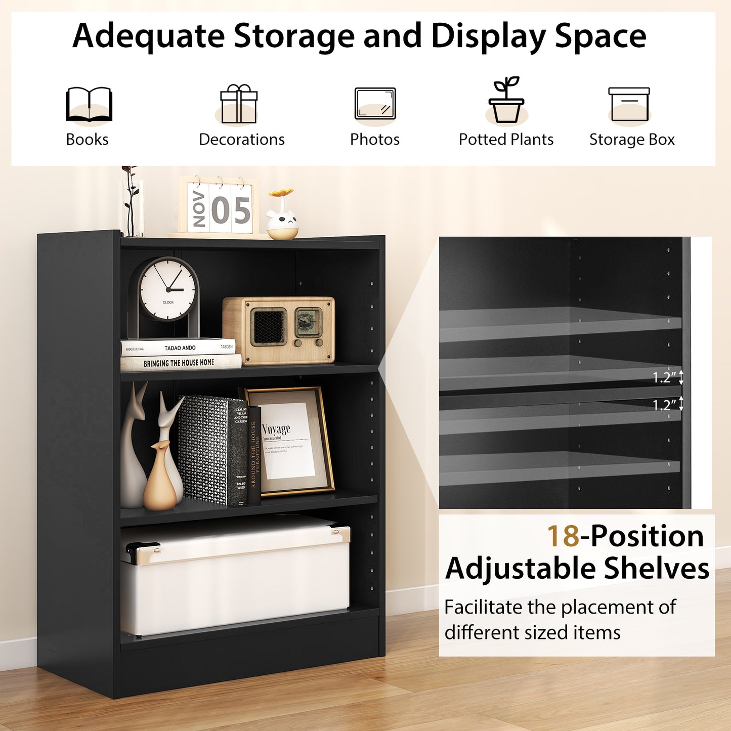 3-Tier Bookcase, Adjustable Shelves, Black Bookcases at Gallery Canada