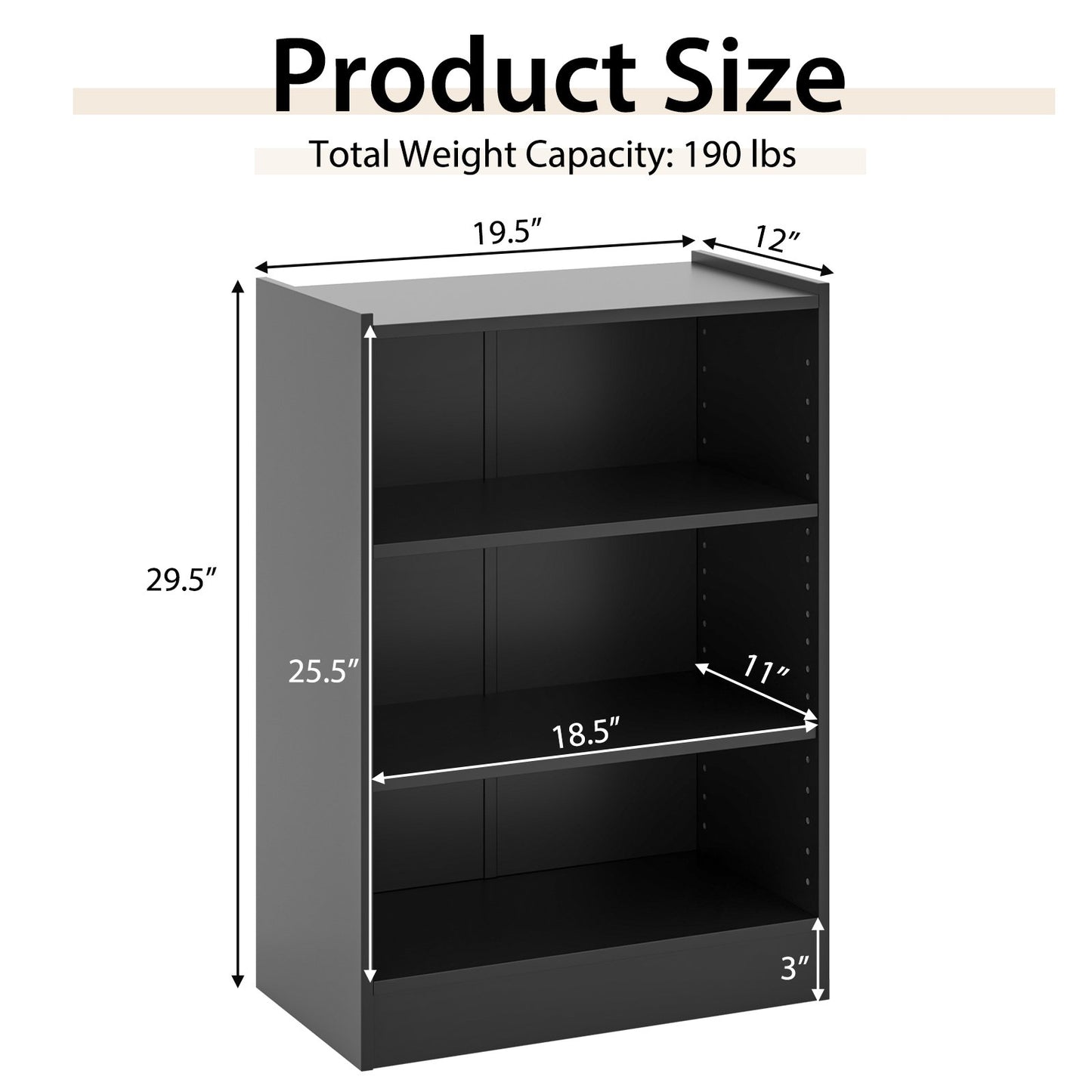 3-Tier Bookcase Open Display Rack Cabinet with Adjustable Shelves, Black