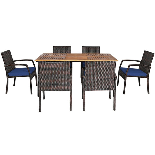 7Pcs Patio Rattan Cushioned Dining Set with Umbrella Hole, Navy at Gallery Canada