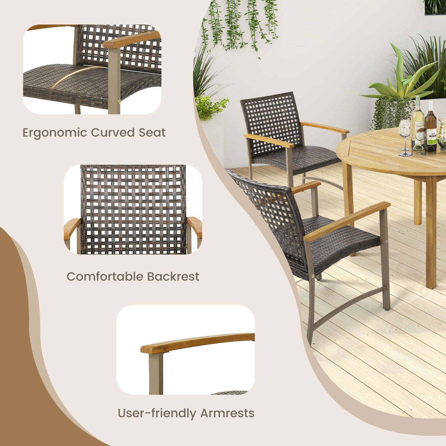 Patio Rattan Dining Chairs, Set of 4, Acacia Wood Armrests, Gray Patio Dining Chairs at Gallery Canada