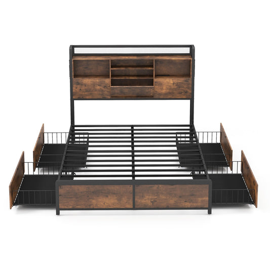 Full/Queen Size Bed Frame with Bookcase Headboard and 4 Storage Drawers-Full Size, Rustic Brown