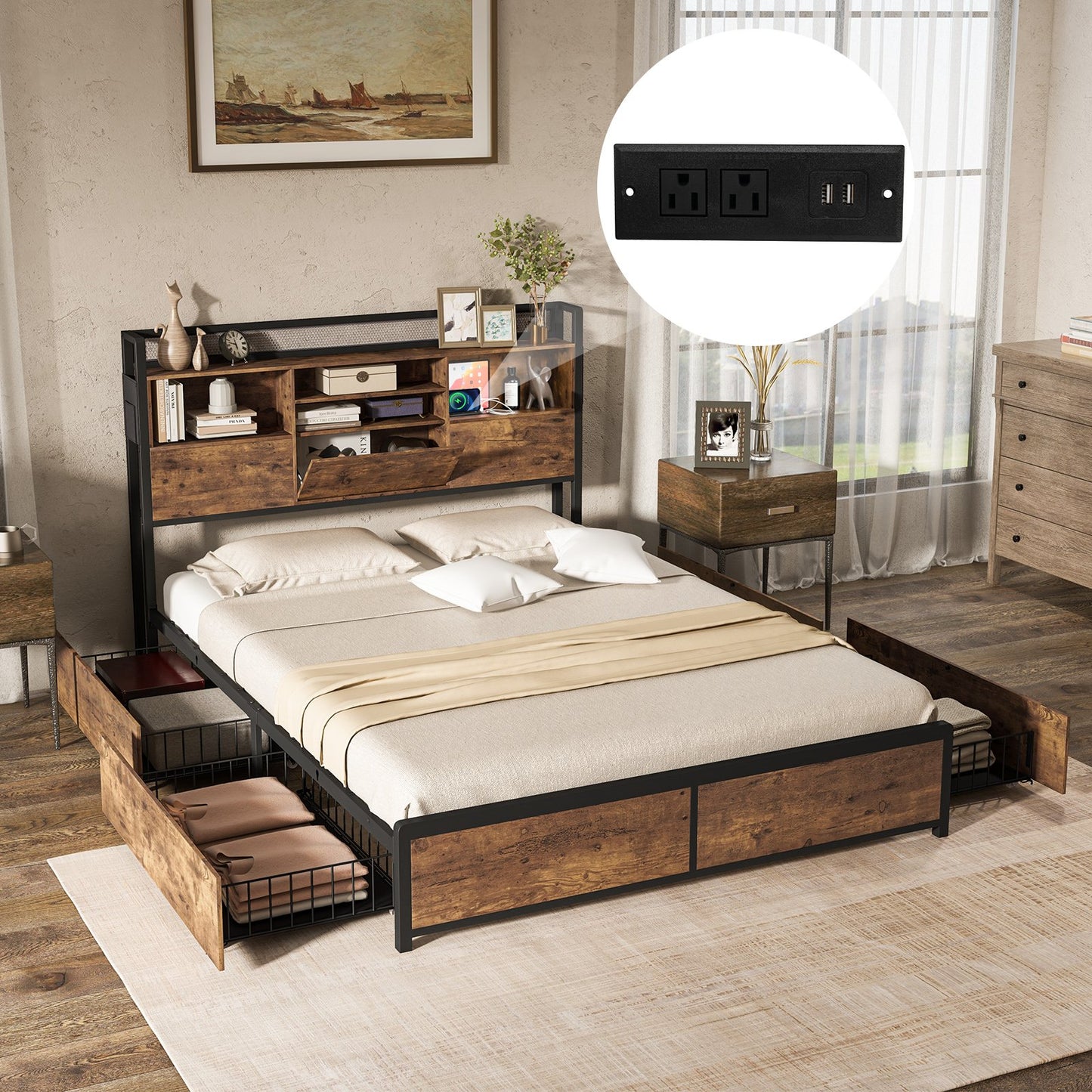 Full/Queen Size Bed Frame with Bookcase Headboard and 4 Storage Drawers-Full Size, Rustic Brown