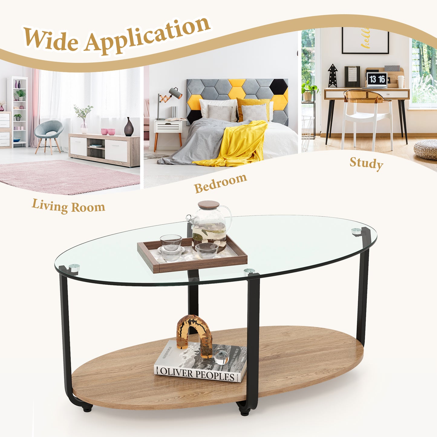 2-Tier Glass-Top Oval Coffee Table, Wooden Shelf, Brown Coffee Tables at Gallery Canada