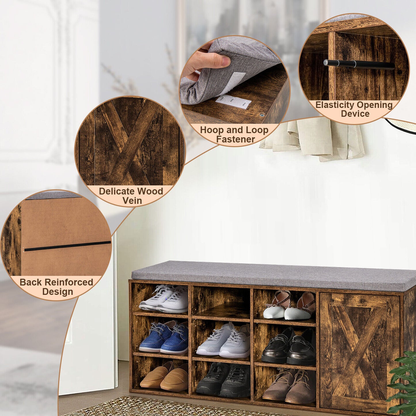 9-Cube Adjustable Storage Shoe Bench, Padded Cushion, Rustic Brown Shoe Racks & Storage Benches at Gallery Canada