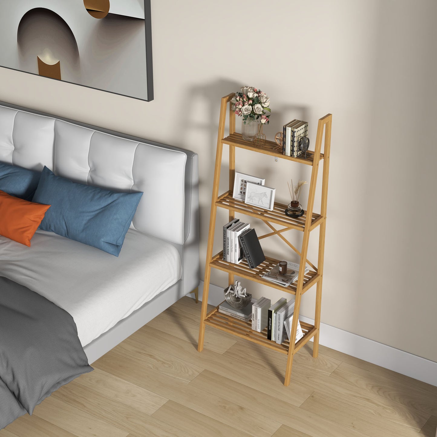 58 Inch 4-Tier Bamboo Ladder Bookshelf, Natural Bookcases Natural at Gallery Canada