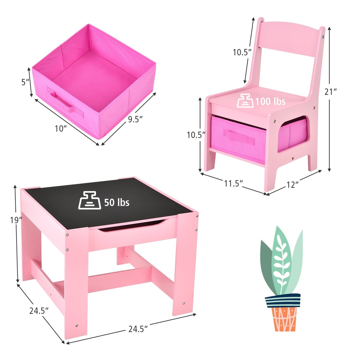 Kids Table Chairs Set With Storage Boxes Blackboard Whiteboard Drawing, Pink at Gallery Canada