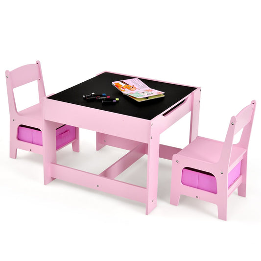 Kids Table Chairs Set With Storage Boxes Blackboard Whiteboard Drawing, Pink