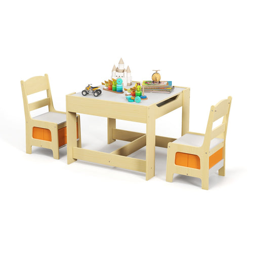 Kids Table Chairs Set With Storage Boxes Blackboard Whiteboard Drawing, Natural
