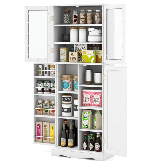 Tall Kitchen Pantry Cabinet with Dual Tempered Glass Doors and Shelves, White