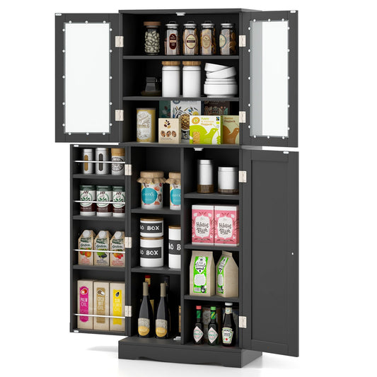 Tall Kitchen Pantry Cabinet with Dual Tempered Glass Doors and Shelves, Black