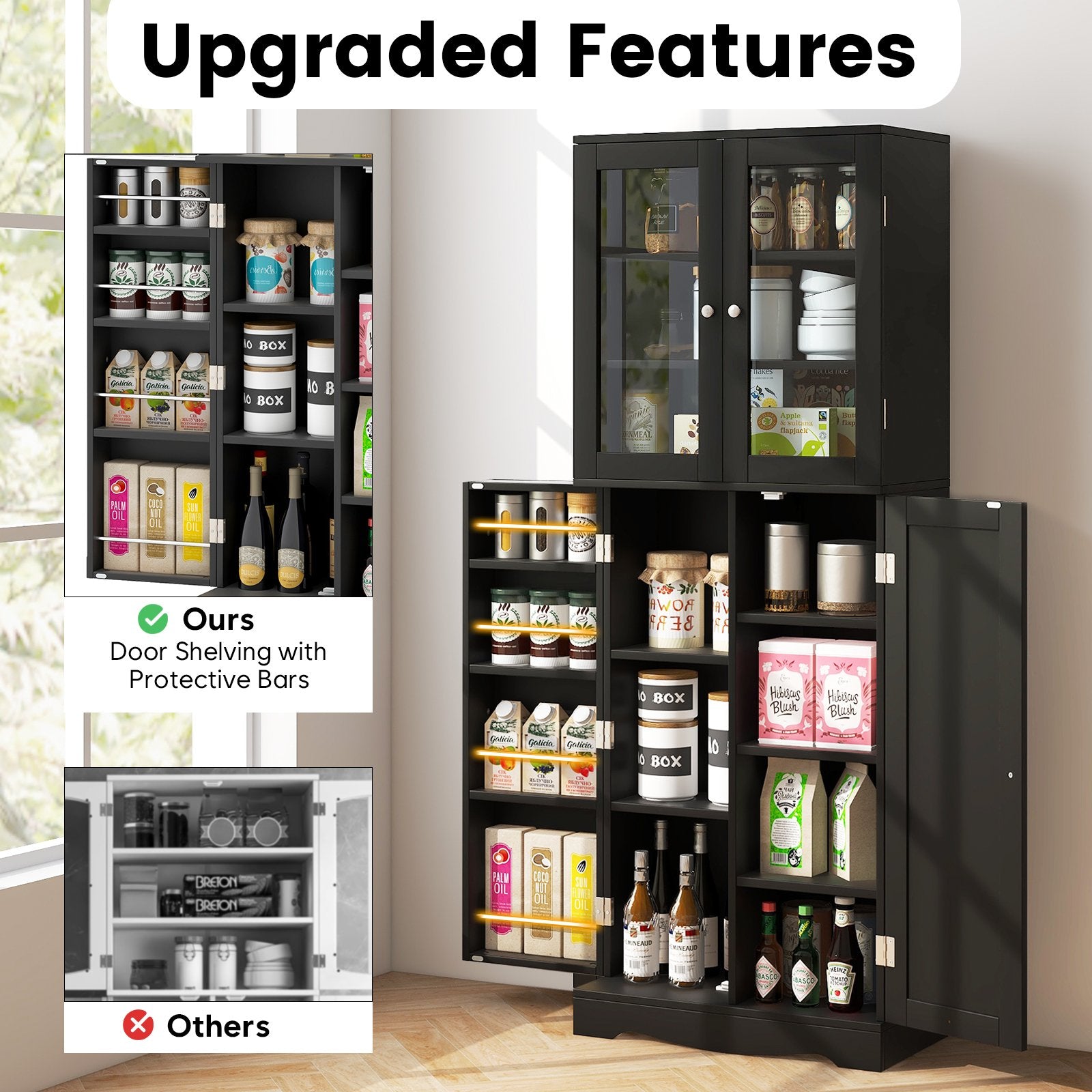 Tall Kitchen Pantry Cabinet with Dual Tempered Glass Doors and Shelves, Black at Gallery Canada
