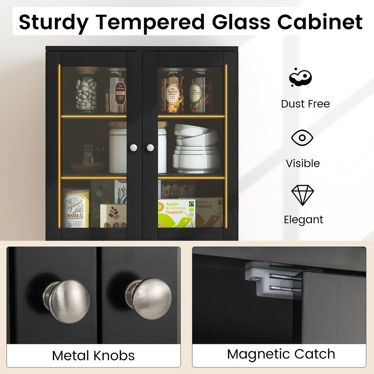 Tall Kitchen Pantry Cabinet, Dual Tempered Glass Doors, Black Sideboards Cabinets & Buffets at Gallery Canada