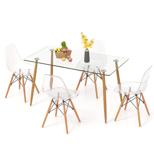 5 Pieces Rectangle Dining Table Set with 51 Inch Glass Tabletop, Transparent