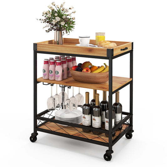 3 Tiers Industrial Bar Serving Cart with Utility Shelf and Handle Racks, Natural at Gallery Canada