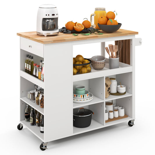 Kitchen Island Trolley Cart on Wheels with Storage Open Shelves and Drawer, White