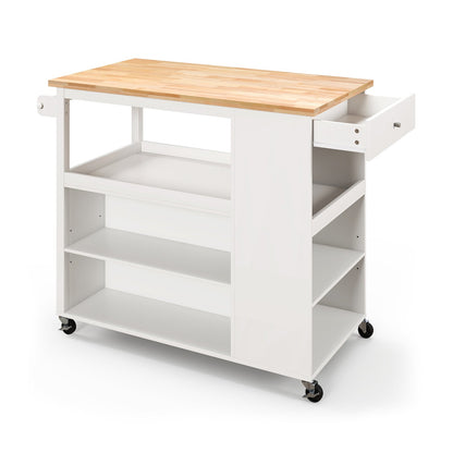 Kitchen Island Trolley Cart on Wheels with Storage Open Shelves and Drawer, White
