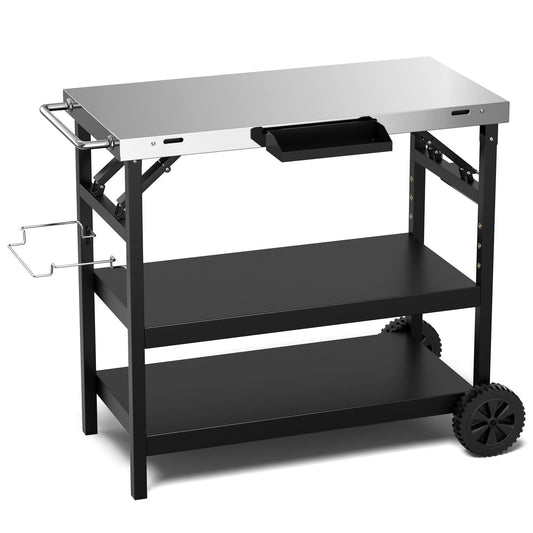 3 Tiers Foldable Outdoor Cart on 2 Wheels with Phone Holder, Black at Gallery Canada