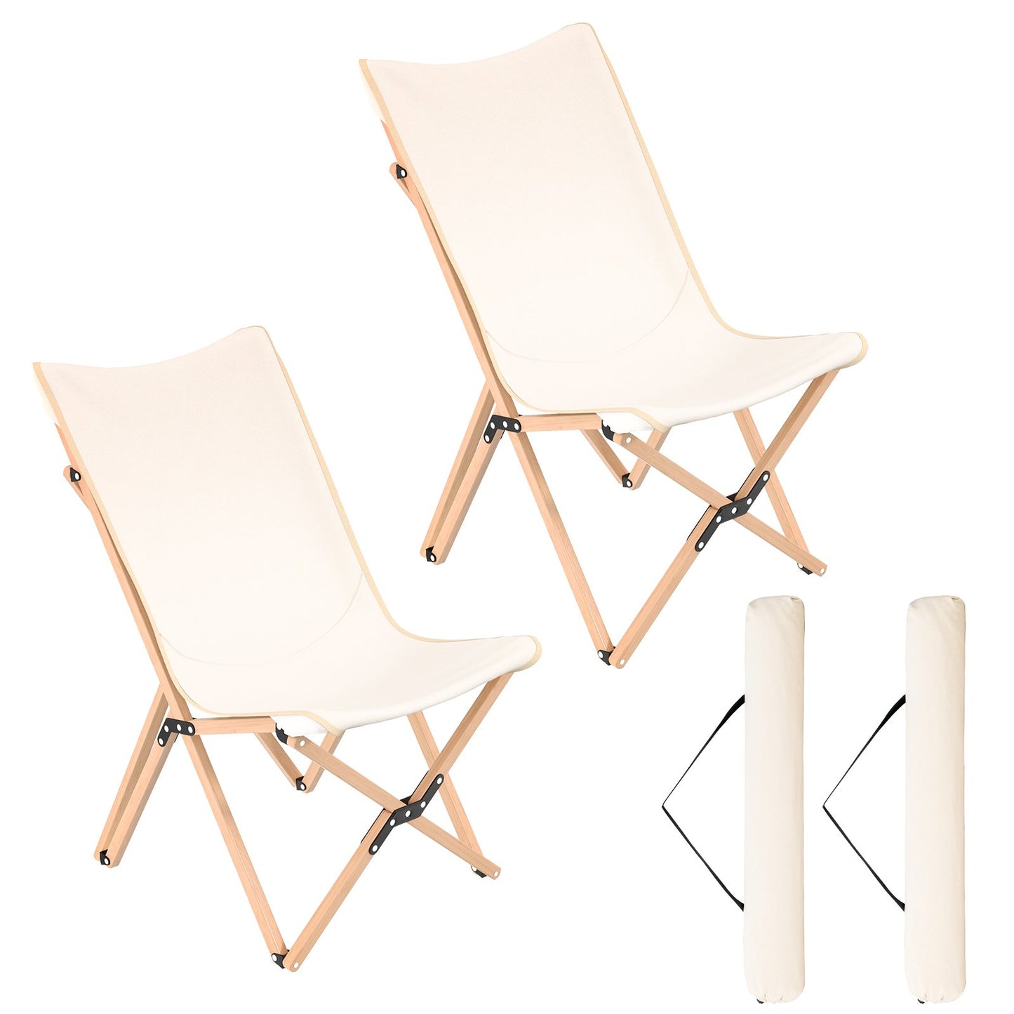 Set of 2 Bamboo Dorm Chair with Storage Pocket for Camping and Fishing, Beige