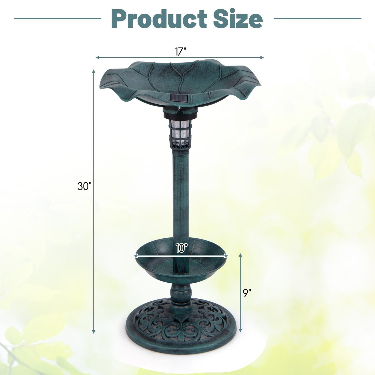 Standing Pedestal Birdbath and Feeder Combo with Lotus Leaf Bowl, Green