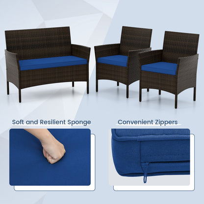4 Piece Patio Rattan Conversation Set with Cozy Seat Cushions, Navy