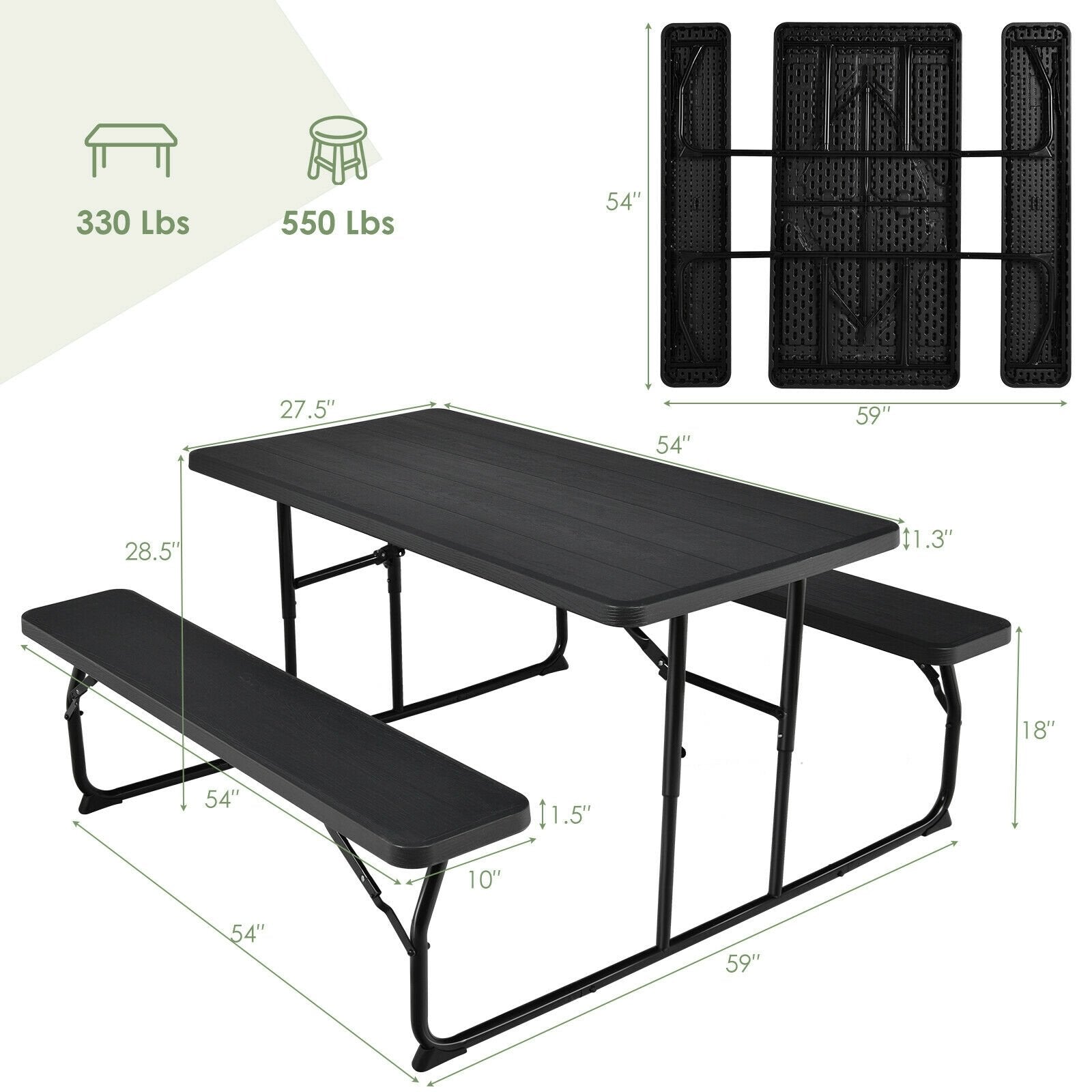 Indoor and Outdoor Folding Picnic Table Bench Set with Wood-like Texture, Black at Gallery Canada