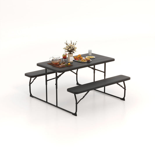 Indoor and Outdoor Folding Picnic Table Bench Set with Wood-like Texture, Black