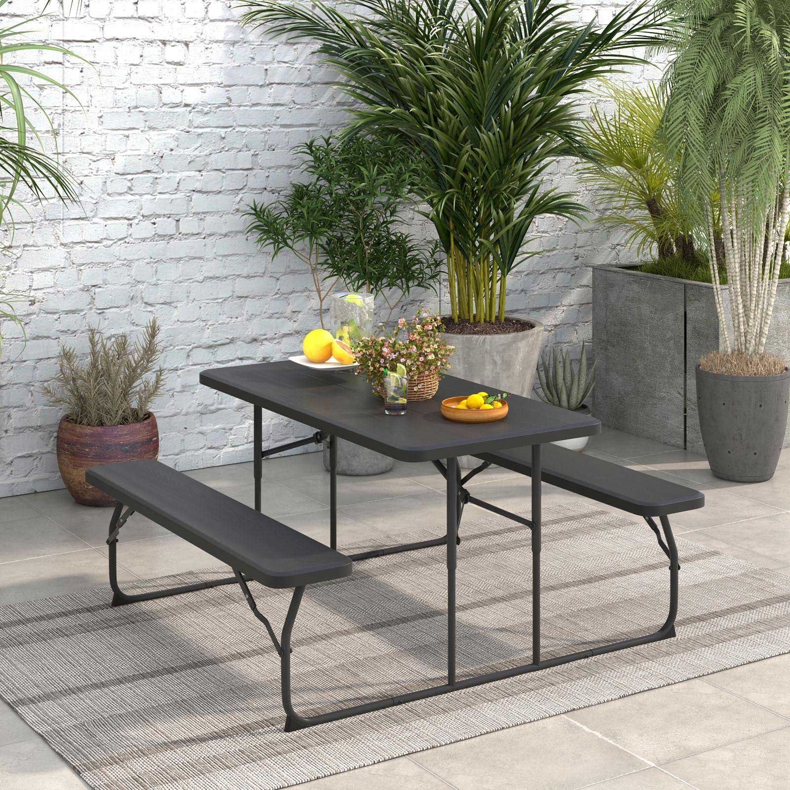 Indoor and Outdoor Folding Picnic Table Bench Set with Wood-like Texture, Black at Gallery Canada
