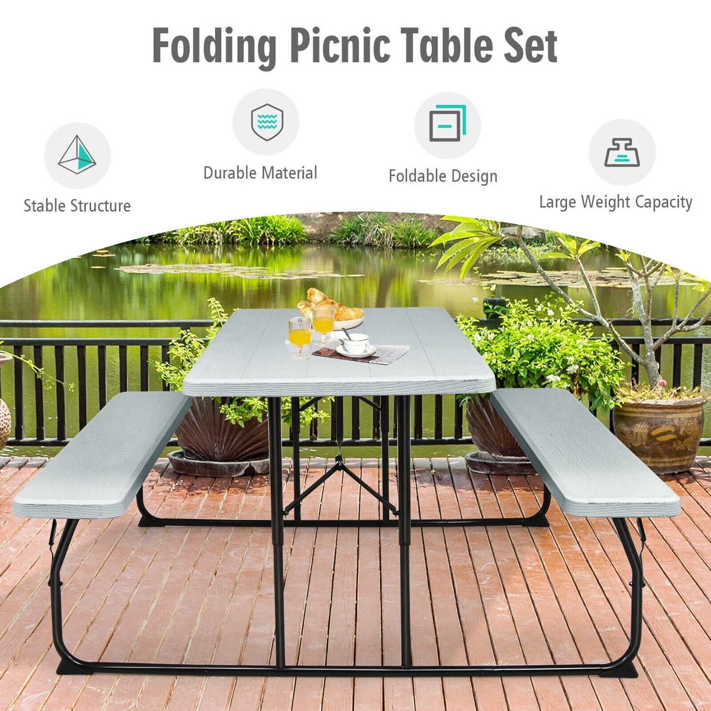 Indoor and Outdoor Folding Picnic Table Bench Set with Wood-like Texture, Gray at Gallery Canada