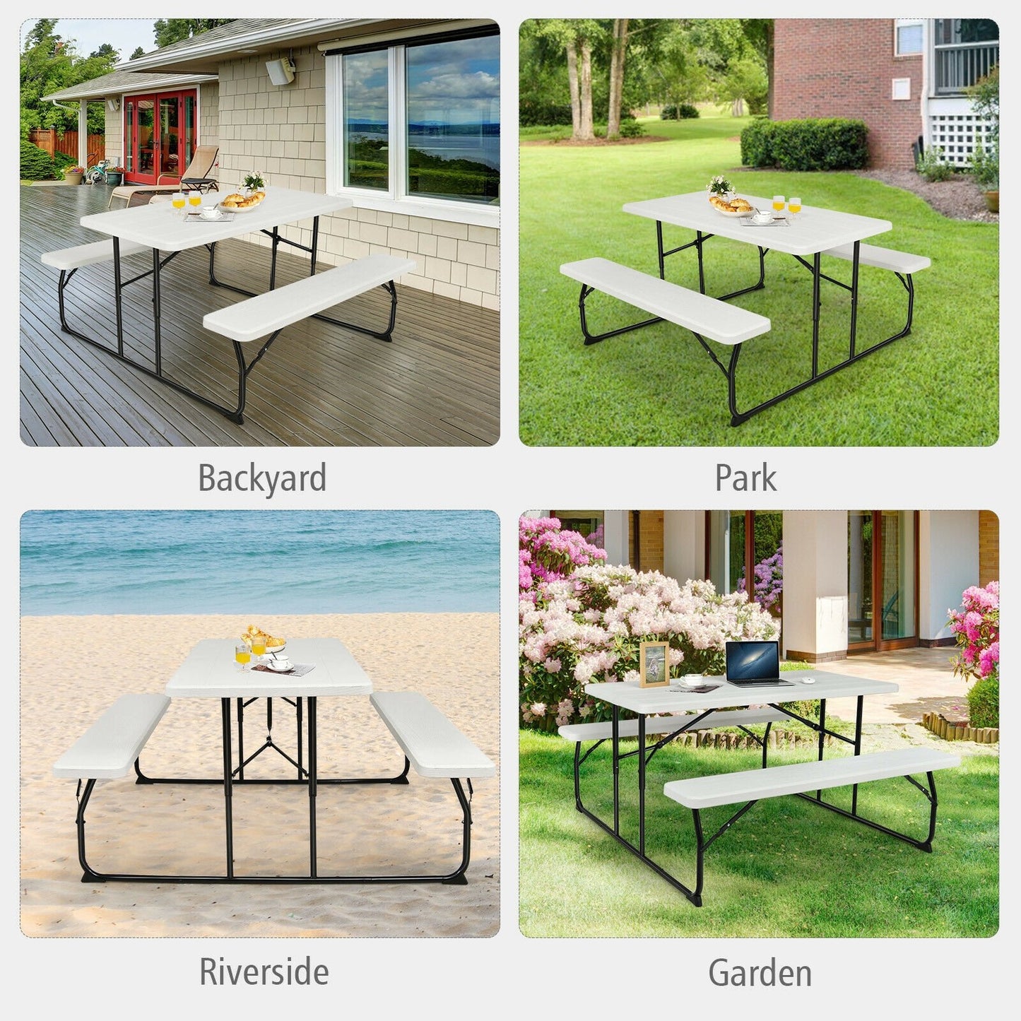 Indoor and Outdoor Folding Picnic Table Bench Set with Wood-like Texture, White at Gallery Canada
