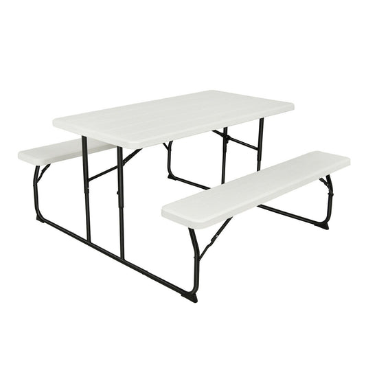Indoor and Outdoor Folding Picnic Table Bench Set with Wood-like Texture, White