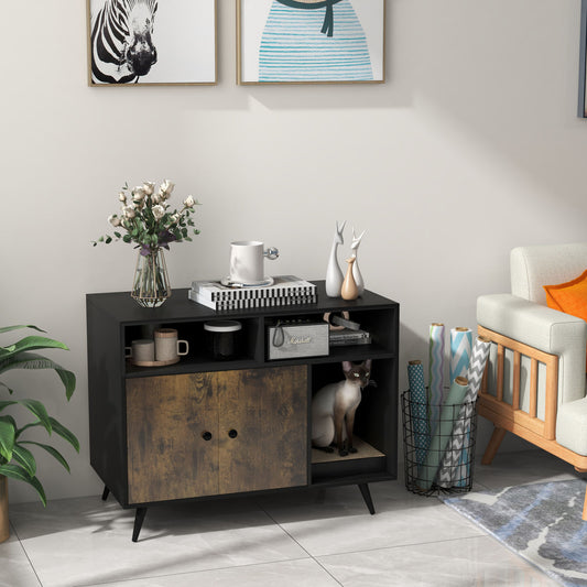 Cat Litter Box Enclosure with Storage Compartments and Pet Scratcher Cat Houses Black, Rustic Brown at Gallery Canada