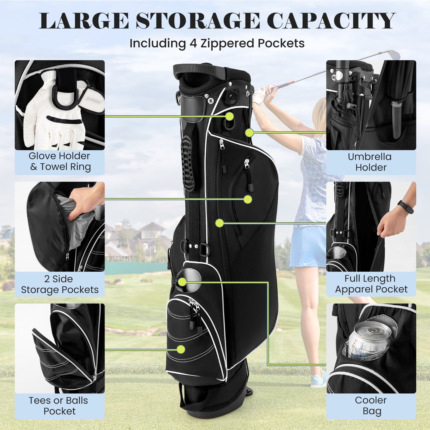 Golf Stand Cart Bag, 4 Way Divider, Carry Organizer Pockets, Black