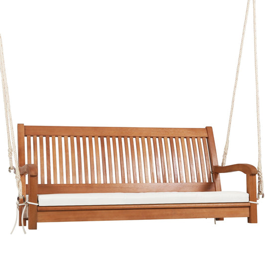 2-Person Hanging Porch Swing Wood Bench with Cushion Curved Back, Natural