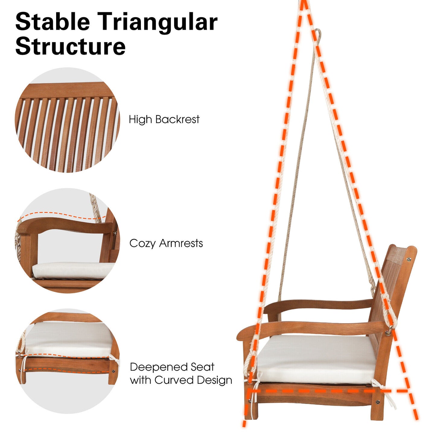 2-Person Hanging Porch Swing, Wood Bench With Cushion, Natural Porch Swings at Gallery Canada