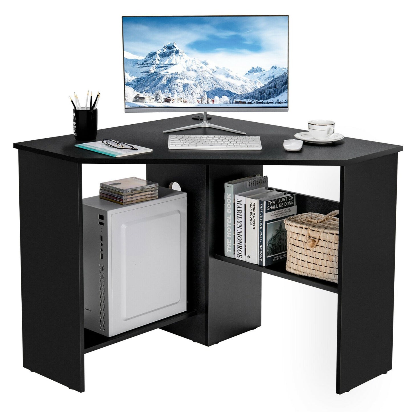 Corner Computer Desk Triangle Writing Workstation with Storage Shelf, Black at Gallery Canada