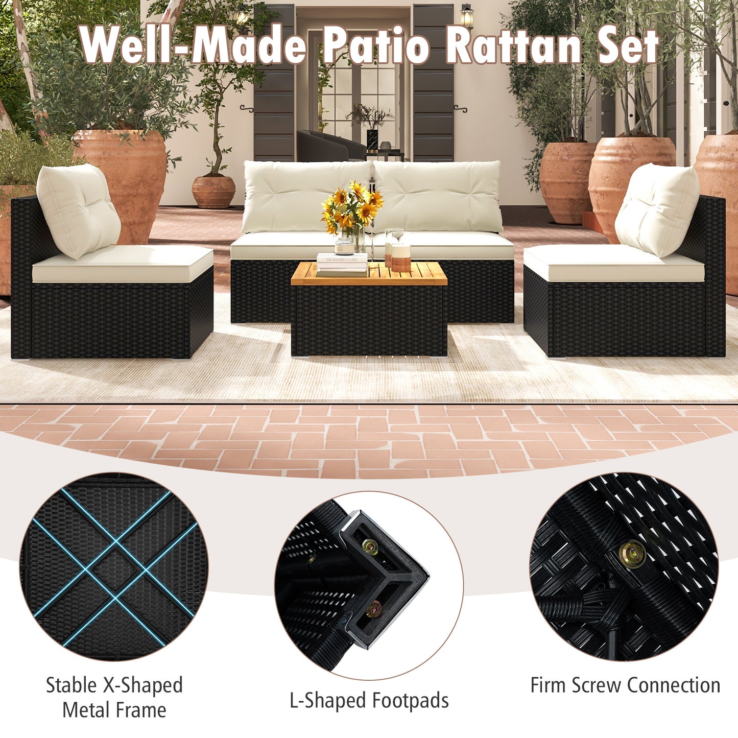 5 Piece Outdoor Furniture Set, Solid Tabletop, Soft Cushions, Off White Patio Conversation Sets at Gallery Canada