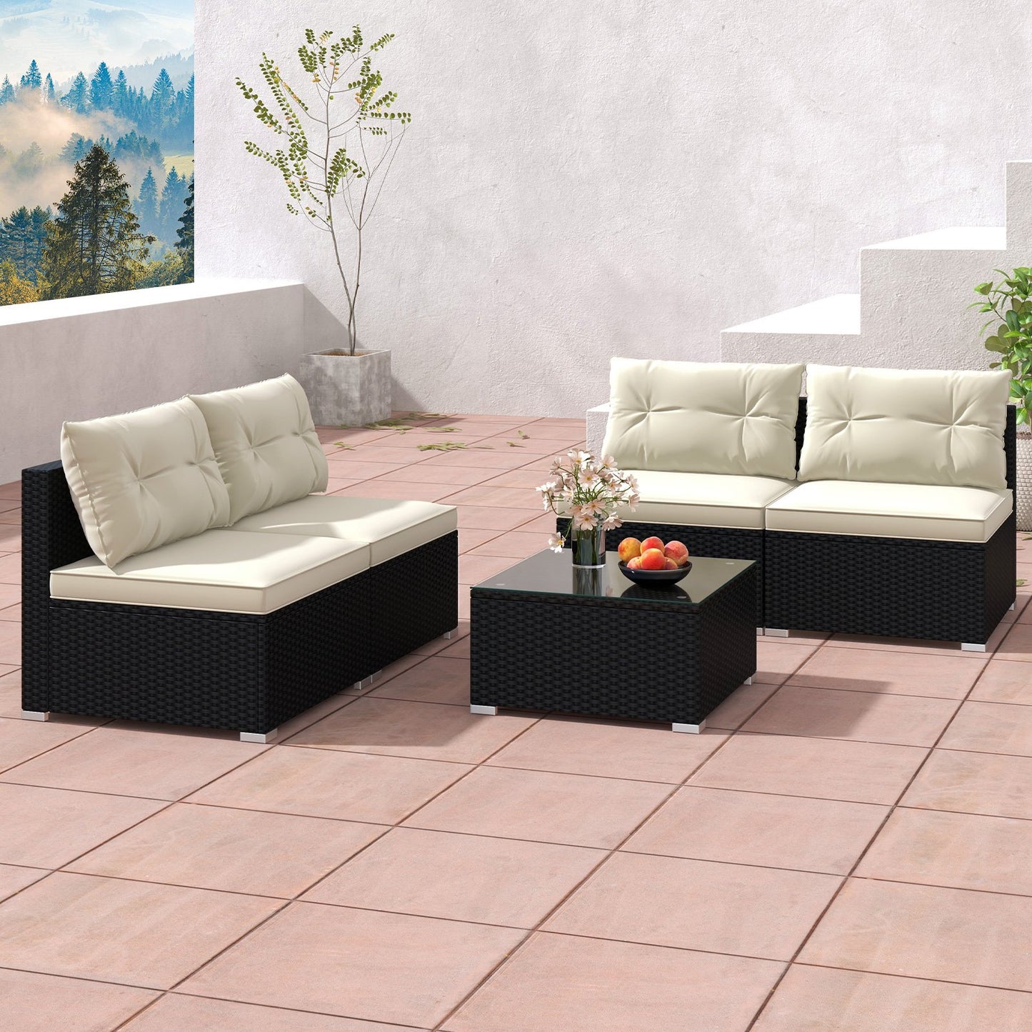 5 Pieces Outdoor Patio Furniture Set with Cushions and Coffee Table, Off White