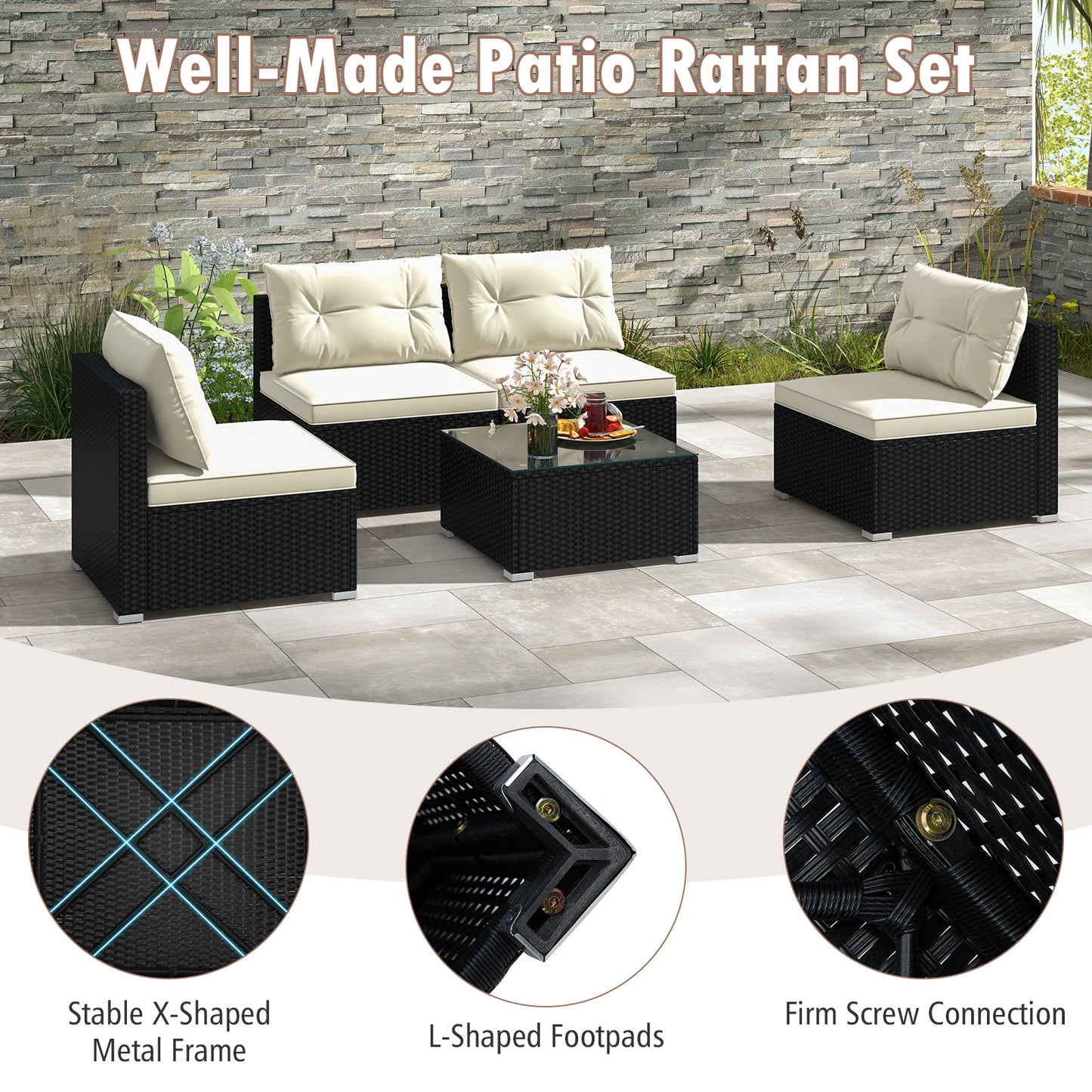 5 Pieces Outdoor Patio Furniture Set with Cushions and Coffee Table, Off White Patio Conversation Sets at Gallery Canada
