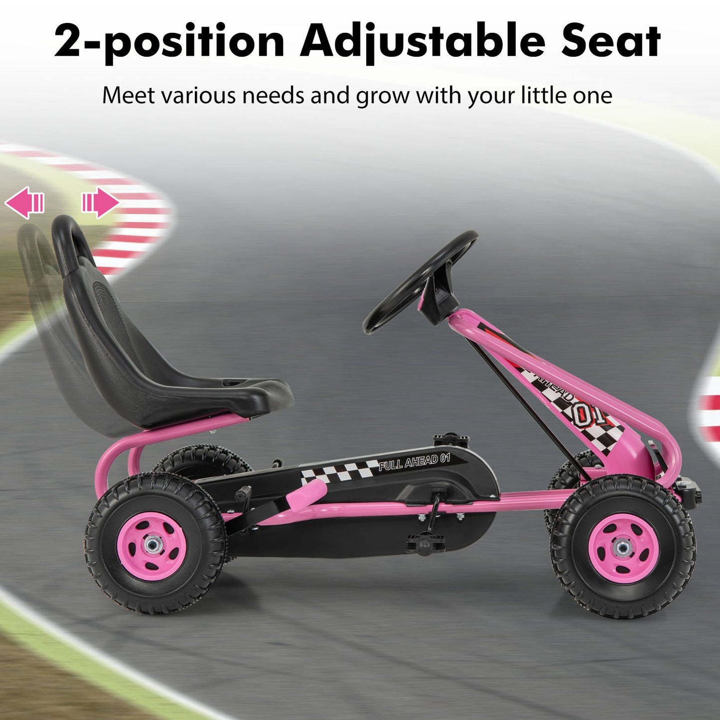 4 Wheel Pedal Powered Ride On Car with Adjustable Seat, Pink