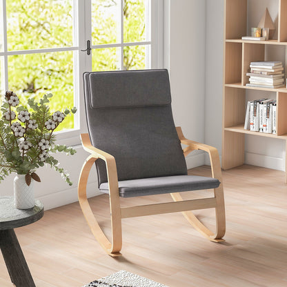 Modern Bentwood Rocking Chair Fabric Upholstered Relax Rocker Lounge Chair, Gray