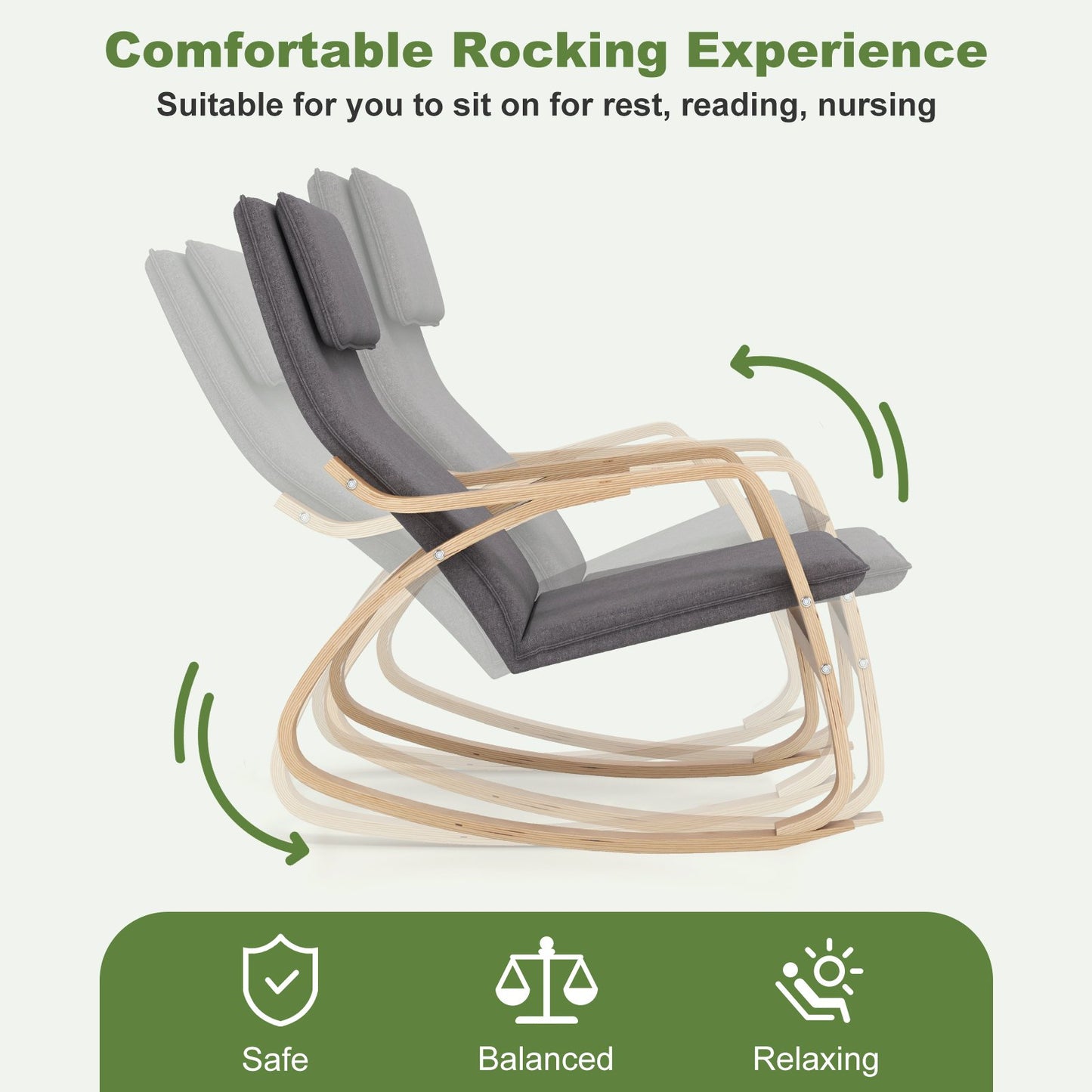 Modern Bentwood Rocking Chair Fabric Upholstered Relax Rocker Lounge Chair, Gray