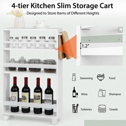 4-Tier Slim Kitchen Storage Cart Narrow Slide Out Trolley Adjustable Shelf, White
