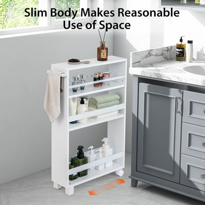 4-Tier Slim Kitchen Storage Cart Narrow Slide Out Trolley Adjustable Shelf, White