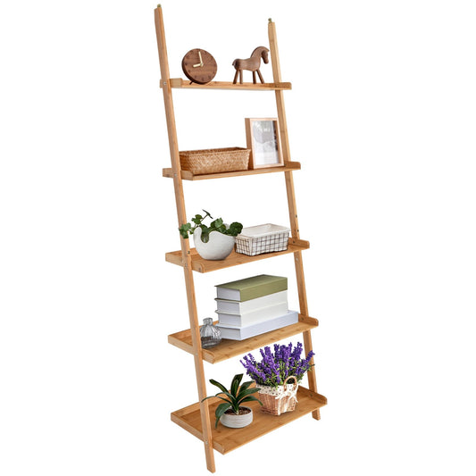 5-Tier Ladder Shelf Bamboo Bookshelf Wall-Leaning Storage Display Plant Stand, Natural at Gallery Canada