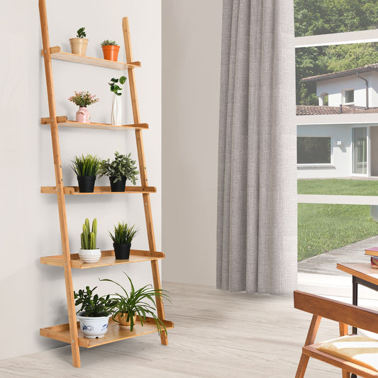 5-Tier Ladder Shelf Bamboo Bookshelf Wall-Leaning Storage Display Plant Stand, Natural Bookcases Natural at Gallery Canada