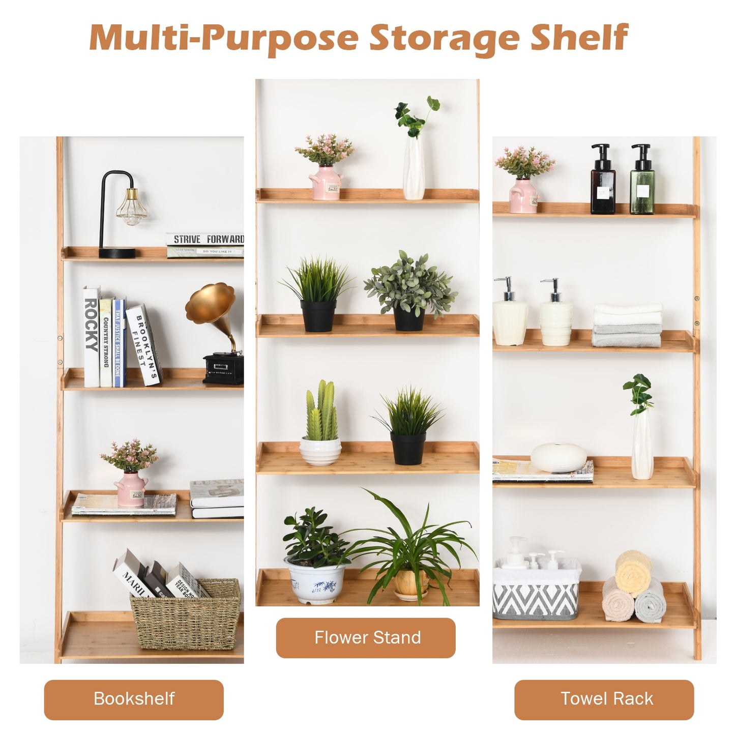 5-Tier Bamboo Ladder Shelf, Natural, Wall-Leaning Storage Display Bookcases at Gallery Canada