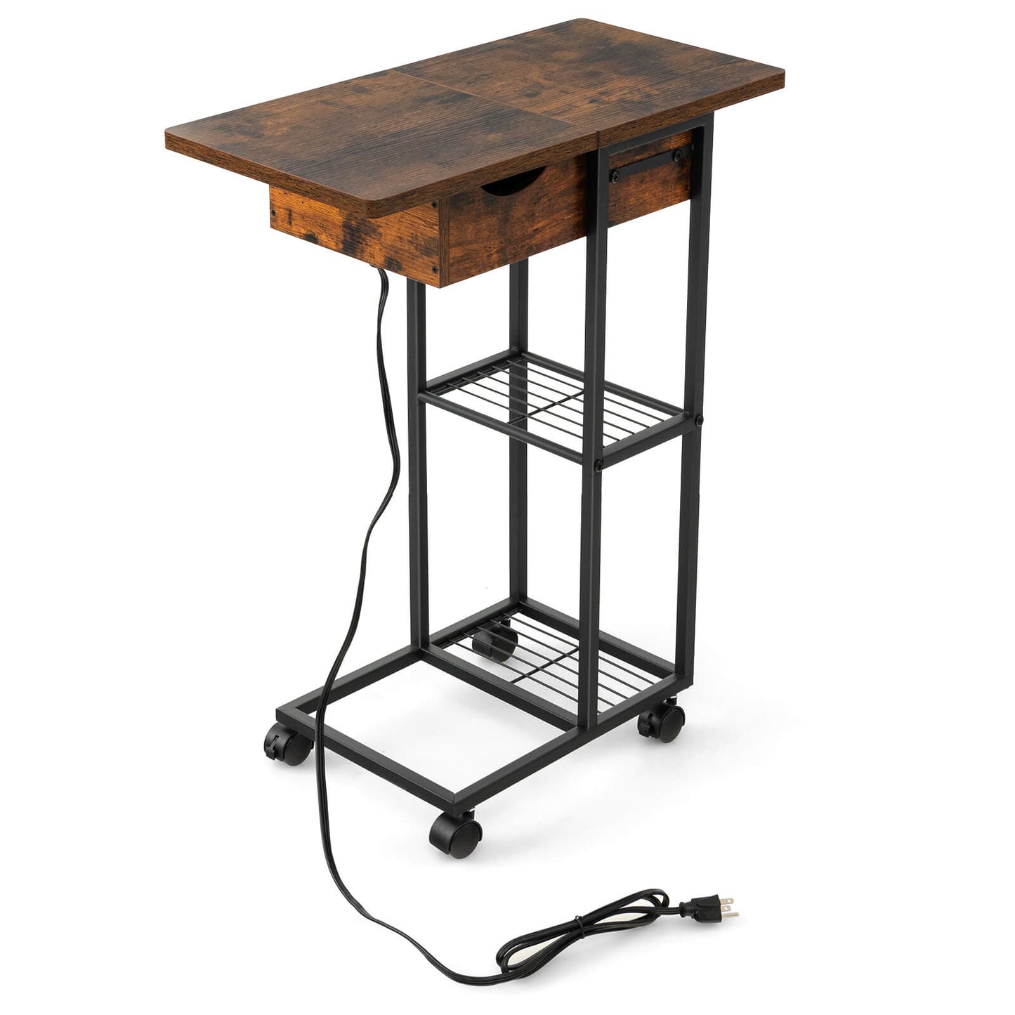 C-Shaped End Side Table with Charging Station and Wheels, Rustic Brown